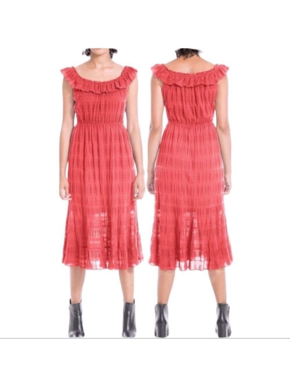 NWT New Max Studio Sleeveless ruffle Tier Midi Dress Large Boho Casual red coral